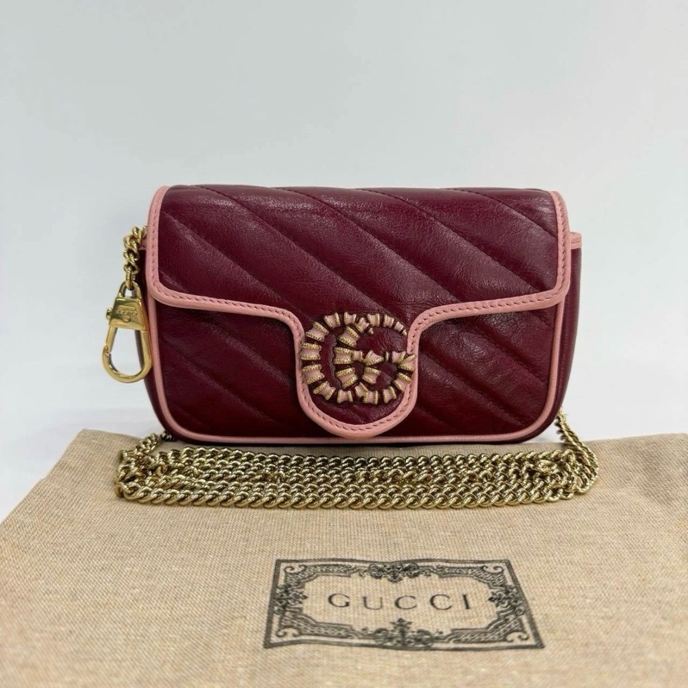 Gucci Marmont Super Mini LIMITED EDITION Burgundy and Pink Quilted Leather Bag